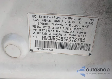 2005 Honda Accord 2.4 Lx from USA, damaged, VIN 1HGCM55465A078764